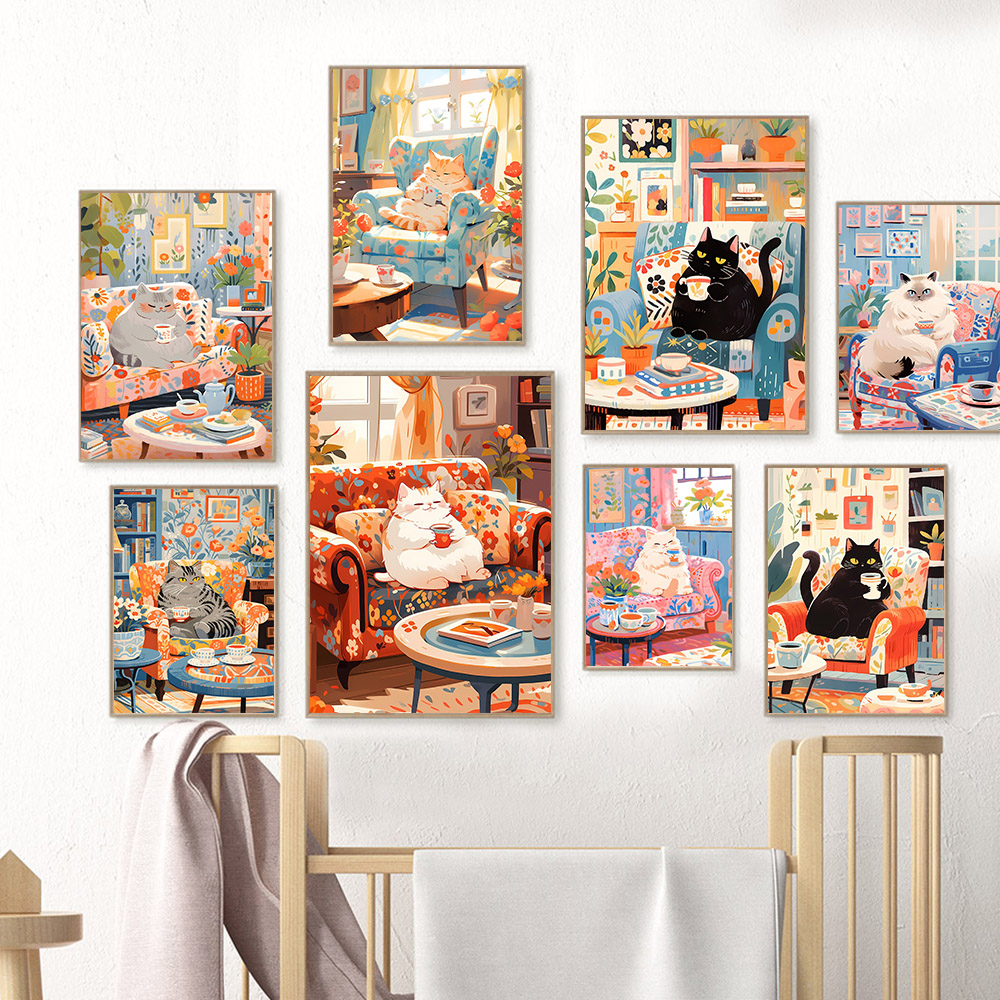 Coffee Tea Picture - 面白い動物の壁のポスター,キャンバスの絵,かわいい猫,お茶,コーヒー,クリスマス,結婚式の贈り物,印刷された写真,家の装飾