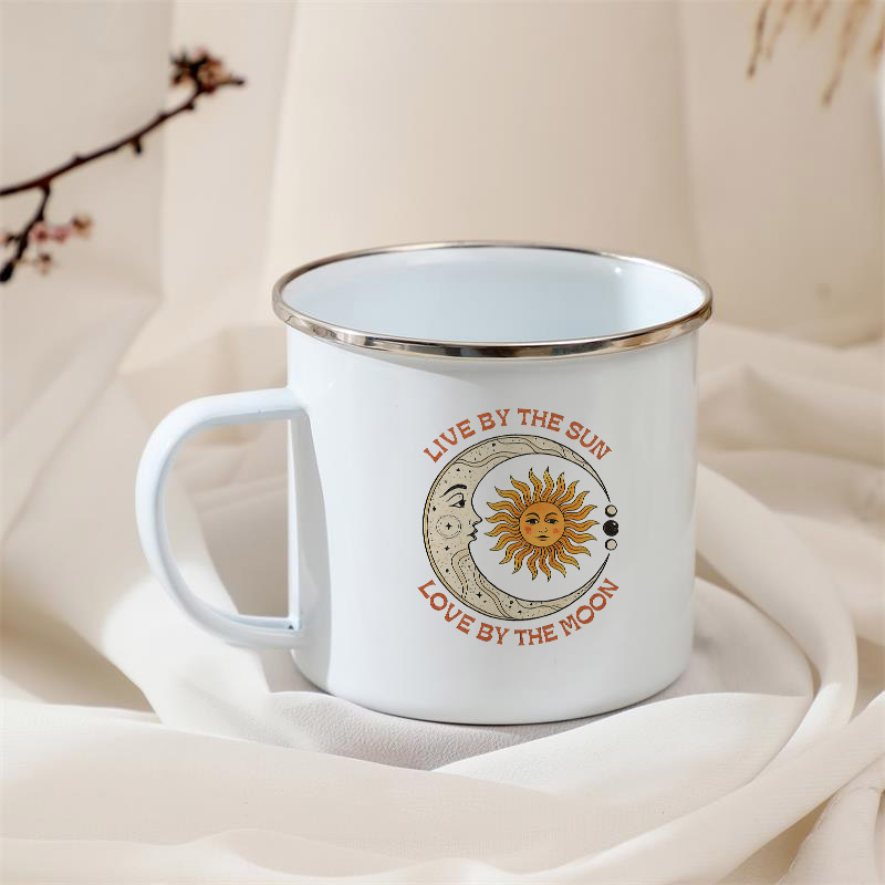 Coffee Tea Festival - ラマダン祭りの女性向けのお守りギフト、ボヘミアン風で面白いエナメルカップ、紅茶、コーヒー、ビール用のマグカップ、ボヘミアン風の三日月型の天体柄