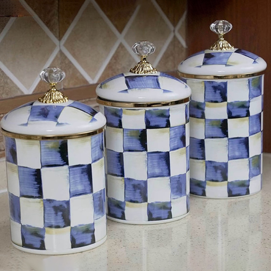Coffee Tea Sugar Canisters - ヨーロッパレトロクラシック収納ジャー装飾チェッカーボード磁器エナメルキッチン容器茶コーヒー砂糖収納ジャー