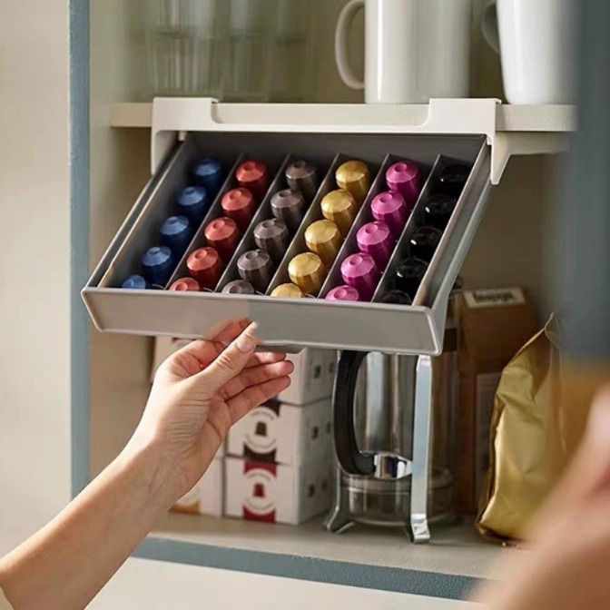 Coffee Tea Holders - コーヒーカプセルホルダー カプセルコーヒー ティーバッグ収納ラック 引き出し整理ボックス 穴あけ不要 省スペース収納ボックス