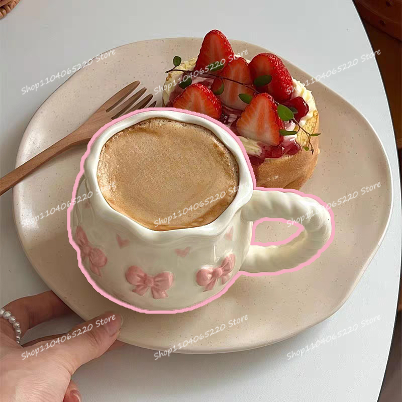 Coffee Tea Festival - 韓国風ガール繊細なリボン桜レリーフマグミルクコーヒーアフタヌーンティーパーティーチャットインキュートムードマグフェスティバル誕生日プレゼント