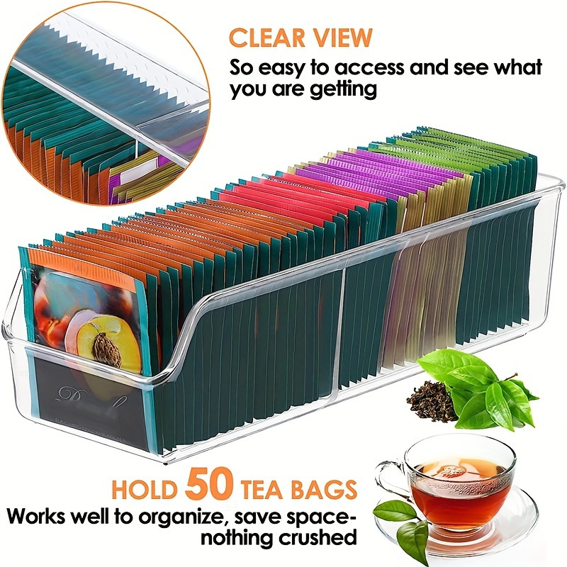 Coffee Tea Containers - 1個入り透明ティーバッグオーガナイザーボックス - 砂糖、コーヒー、スパイス用の収納ホルダー - キャビネットやカウンタートップの収納ソリューション