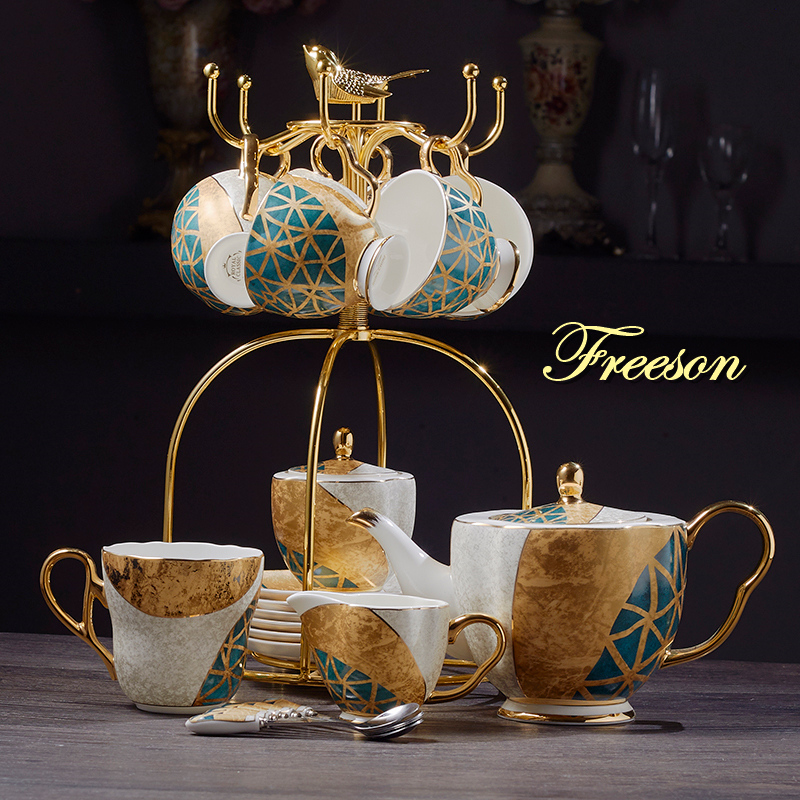 Coffee Tea Creamer - 金の象眼細工,セラミックカップ,シュガーボウル,ティーポット,ミルクジャグを備えた豪華な磁器のコーヒーセット