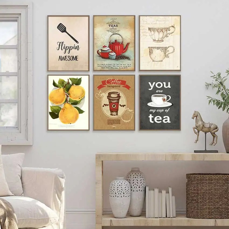 Coffee Tea Picture - ヴィンテージ風ホットコーヒー・ティータイムフード、カップケーキ、卵、レモンのポスターとプリント、キャンバスプリント、ウォールアート、キッチンやカフェの装飾用絵画