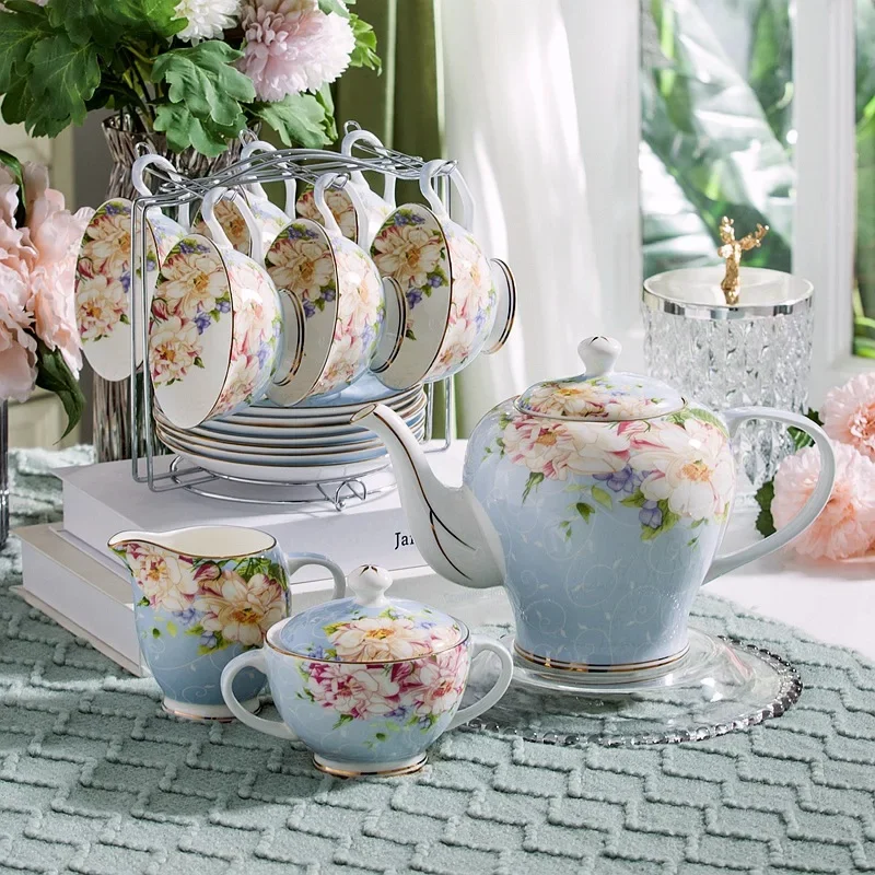Coffee Tea Creamer - ピンクとブルーの花の骨の形をしたコーヒーカップのセット,磁器のお茶,セラミックポット,砂糖入りボウル,牛乳瓶のセット