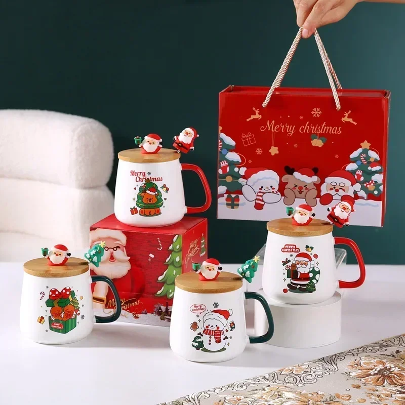 Coffee Tea Festival - クリスマスをテーマにしたセラミックマグカップセット（蓋とスプーン付き）- 2026年クリスマスギフトボックス入りマグカップ（コーヒー、ミルクティー、朝食用）