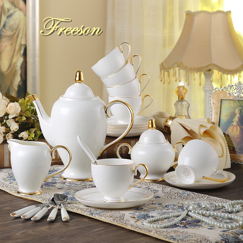 Coffee Tea Creamer - グレースボーンチャイナコーヒーセットホワイトゴールド磁器ティーセット高度なポットカップセラミックマグシュガーボウルクリーマーティーポットミルクジャグティーセット