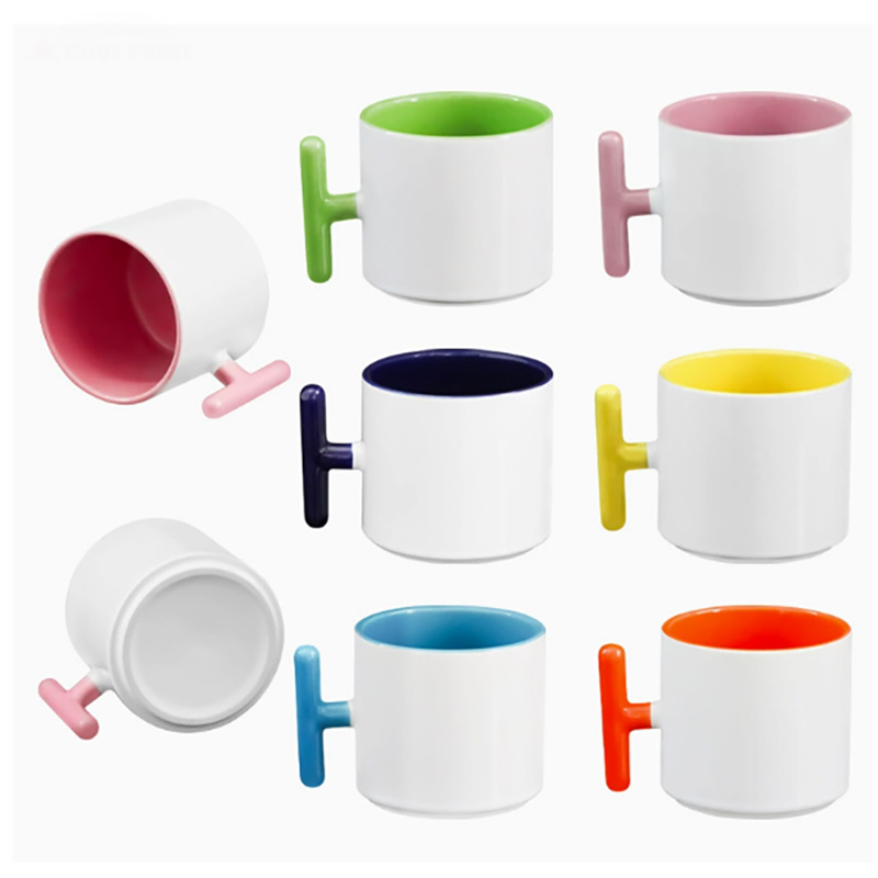 Coffee Tea Picture - 2個セット クリエイティブT字型ハンドル セラミックマグカップ 昇華ブランク カラーコーヒーマグ ティーカップ