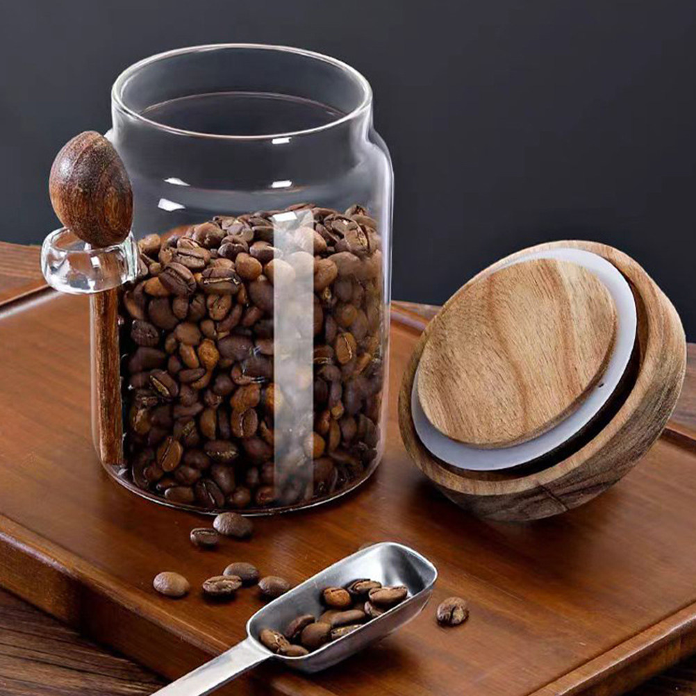 Coffee Tea Sugar Canisters - ガラス製コーヒー豆保存容器 密閉木製蓋付き 漏れ防止 キッチンキャニスター 茶葉容器 砂糖ホルダー