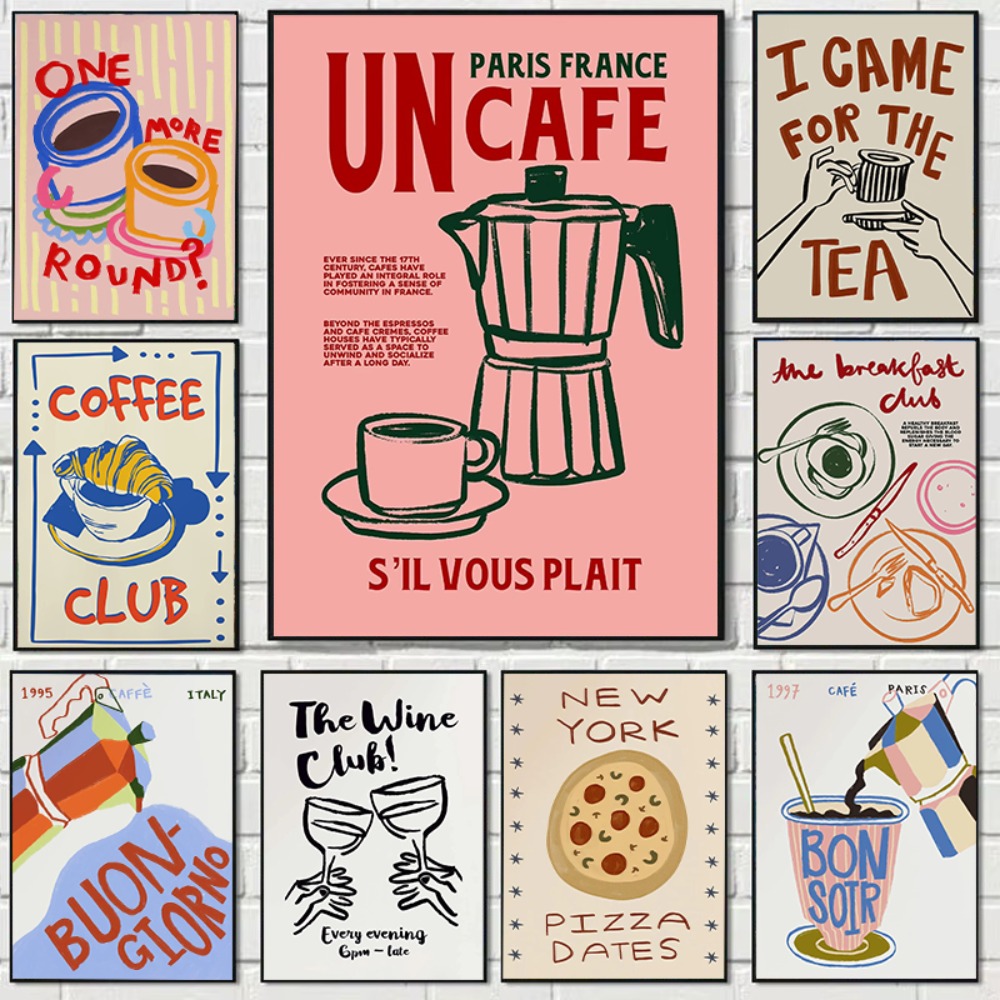Coffee Tea Picture - コーヒーショップアフタヌーンティークロワッサンカラフルなコーヒーカップレトロポスターキャンバス絵画壁アート写真カフェキッチン家の装飾