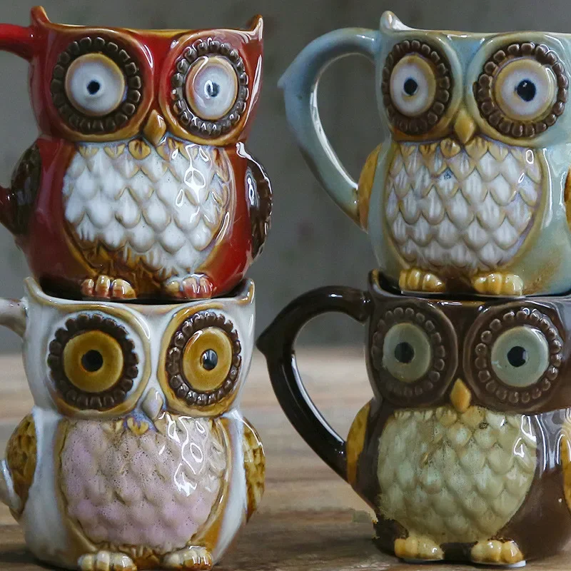 Morning Tea Coffee - かわいいフクロウ漫画コーヒードリンクウェア、牛乳、ティーカップ、朝食、朝のマグカップ、コレクション用の3D動物カップ、300ml