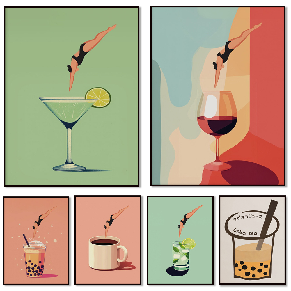 Coffee Tea Picture - ワインウォールアート、ジントニック、コーヒーウォールアート、バブルティーアート、70年代の美的アート、ワインギフト、ヴィンテージカクテルキッチンポスター