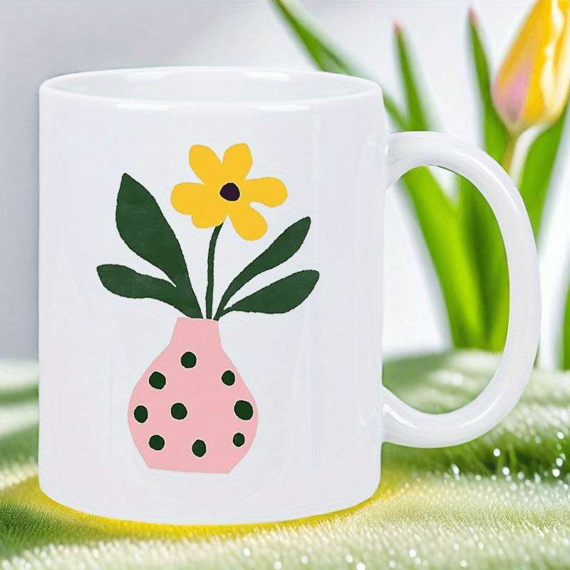 Morning Tea Coffee - かわいいピンクの花瓶と黄色い花のデザインのセラミックマグカップ - 手洗いのみ、モーニングティー、オフィスデスクの装飾に最適な再利用可能なコーヒーカップ