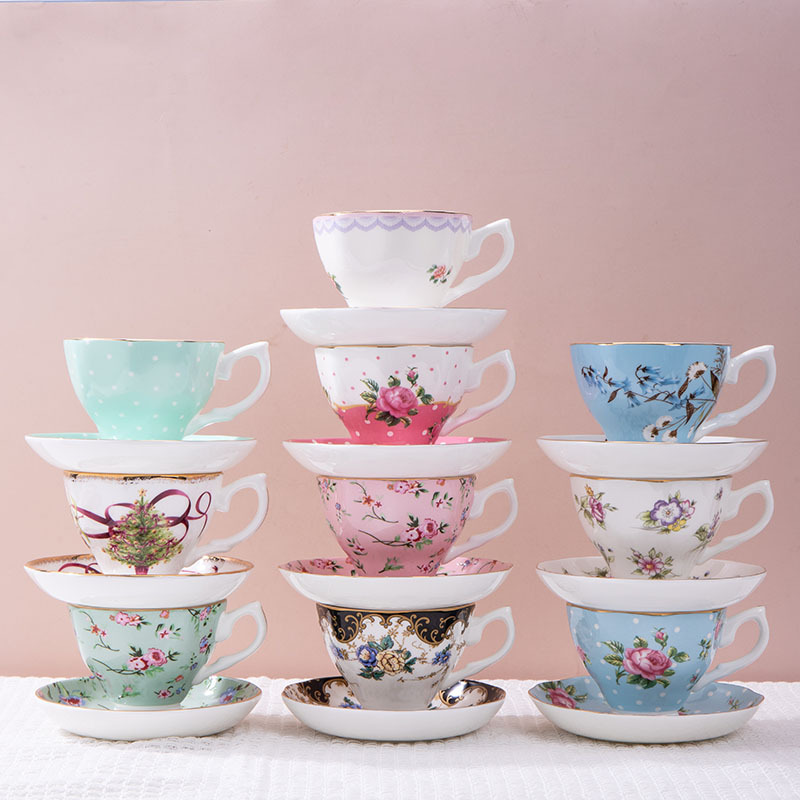 Coffee Tea Home - 1個入り フランス製セラミックコーヒーカップセット ヨーロッパ風ボーンチャイナ アフタヌーンティーカップ＆プレート 宮廷風ハイティーサービス 家庭用キッチン向け