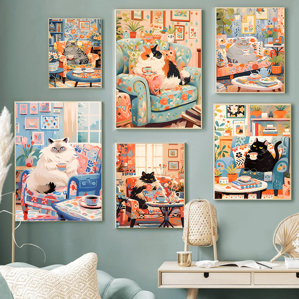 面白い動物の壁のポスター,キャンバスの絵,かわいい猫,お茶, - Coffee Tea Picture のレビューと価格