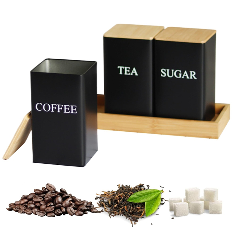 3個セット 茶葉・コーヒー・砂糖用キャニスターセット トレイ - Coffee Tea Sugar Canisters のレビューと価格