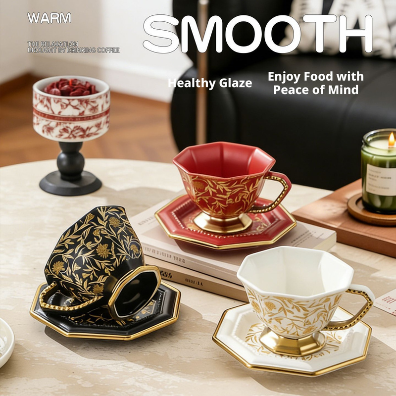 オクタゴン型ヴィンテージセラミックコーヒーカップ＆ソーサーセ - Coffee Tea Festival のレビューと価格