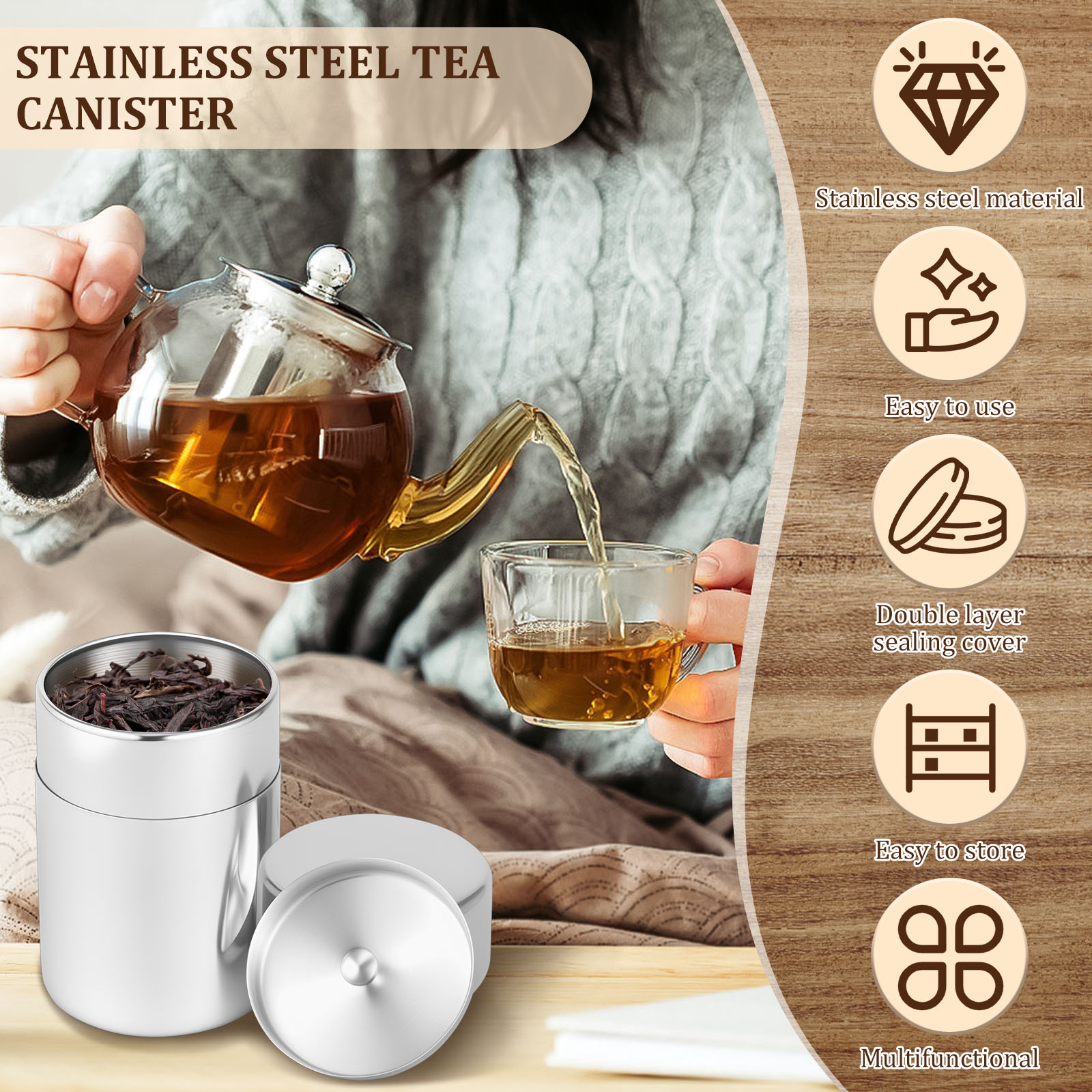 ステンレス鋼茶葉缶キャニスター肥厚ダブルシールコーヒー豆砂糖 - Coffee Tea Sugar Canisters のレビューと価格