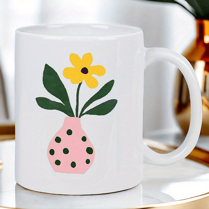 かわいいピンクの花瓶と黄色い花のデザインのセラミックマグカッ - Morning Tea Coffee のレビューと価格